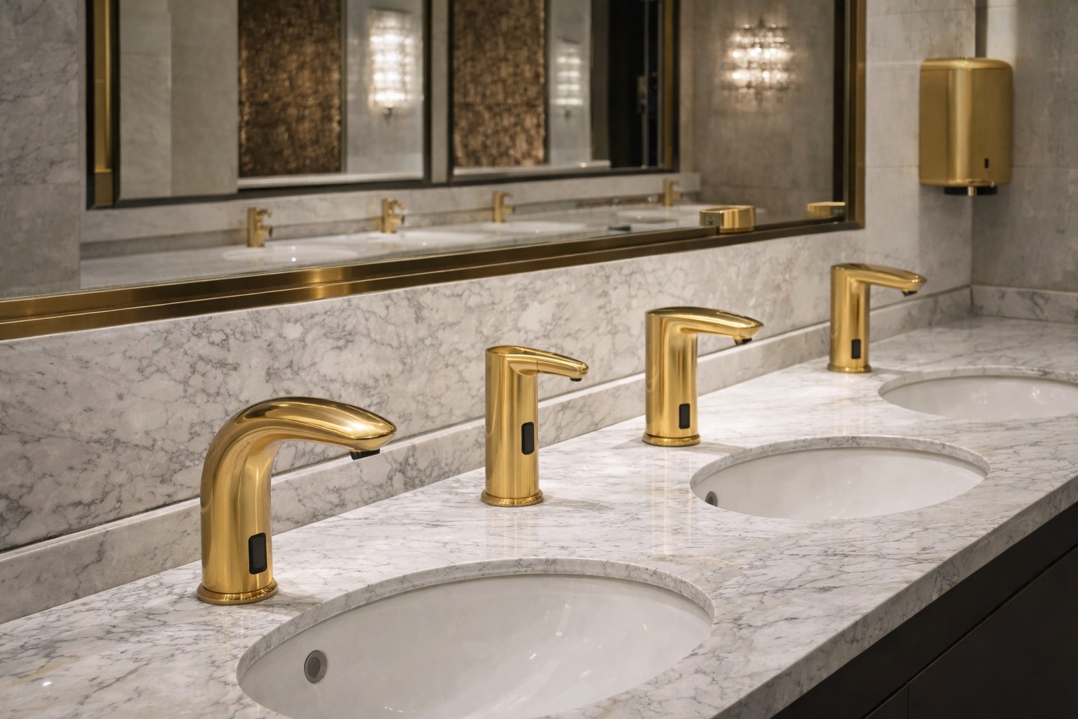 Luxury restroom with coordinated finish-matched touchless faucets and soap dispensers